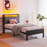 Letto singolo 90x200 cm con LED; testiera contenitore e ricarica USB; MDF e metallo; nero