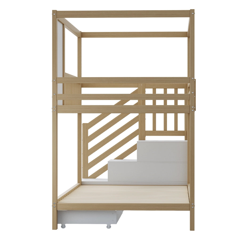 Letto a castello 90x200 cm con scala e cassetti; sponde di sicurezza in legno colore naturale