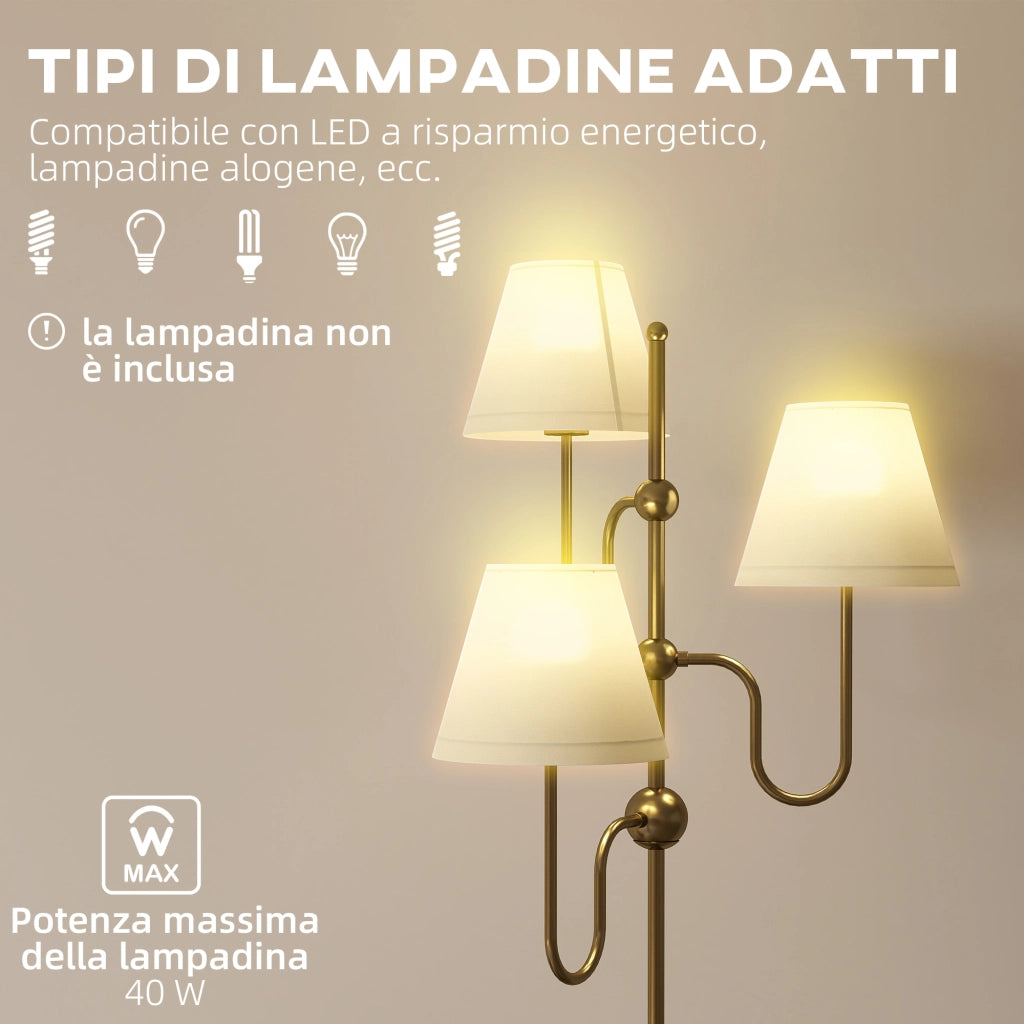 Lampada da Terra ¨C zephmum ¨C Oro 165 cm 3 Punti Luce Interruttore Pedale E27
