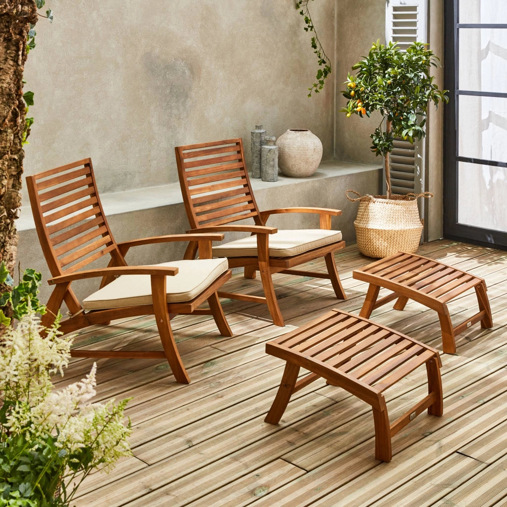 Set 2 sedie con cuscino e poggiapiedi in legno, teak