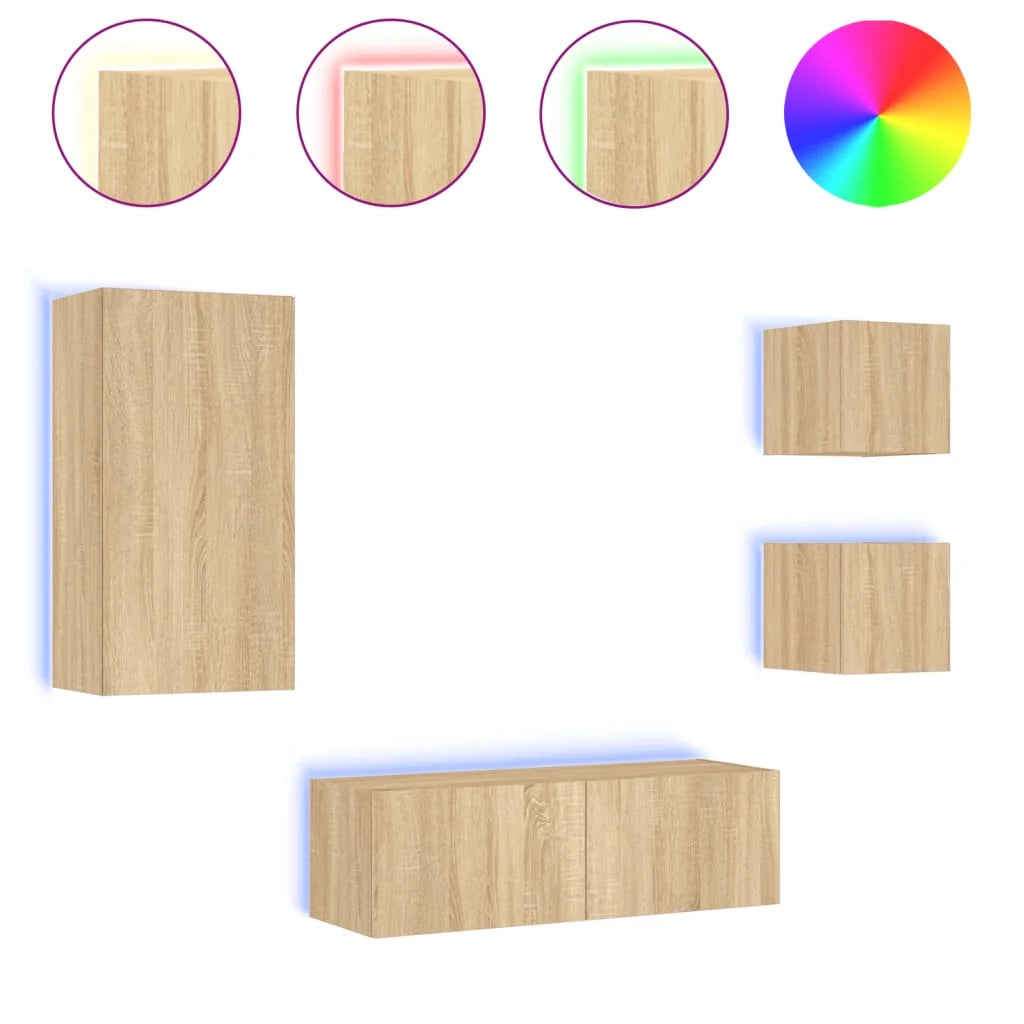 Mobile TV multimediale mensola TV credenza mobile TV parete attrezzata per sala da pranzo soggiorno camera da letto x 4 pezzi con luci LED rovere marrone Sonoma 02_0028222