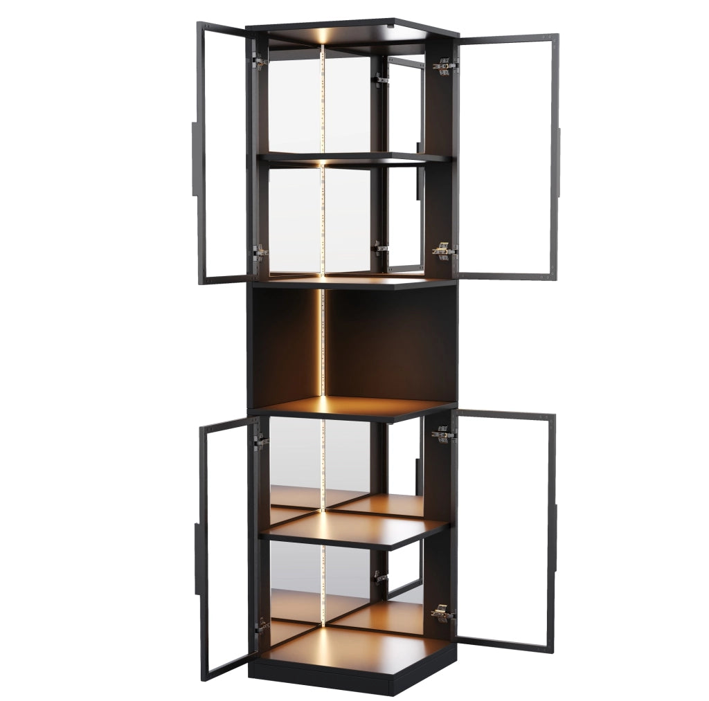 Vetrina LED alta 205 cm con doppie ante in vetro; retro a specchio; nero