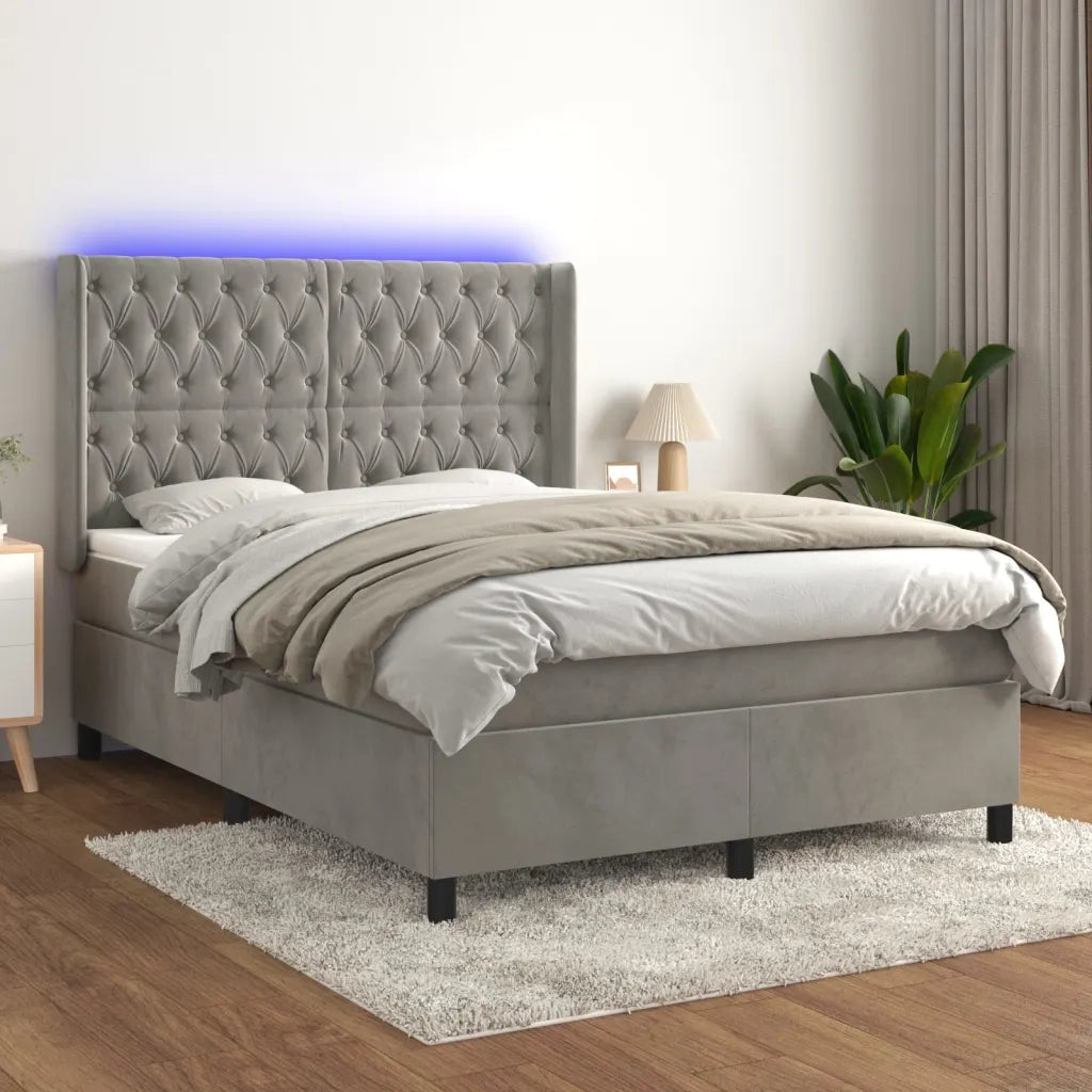 Letto a Molle Materasso e LED Grigio Chiaro 140x200 cm Velluto 3139745