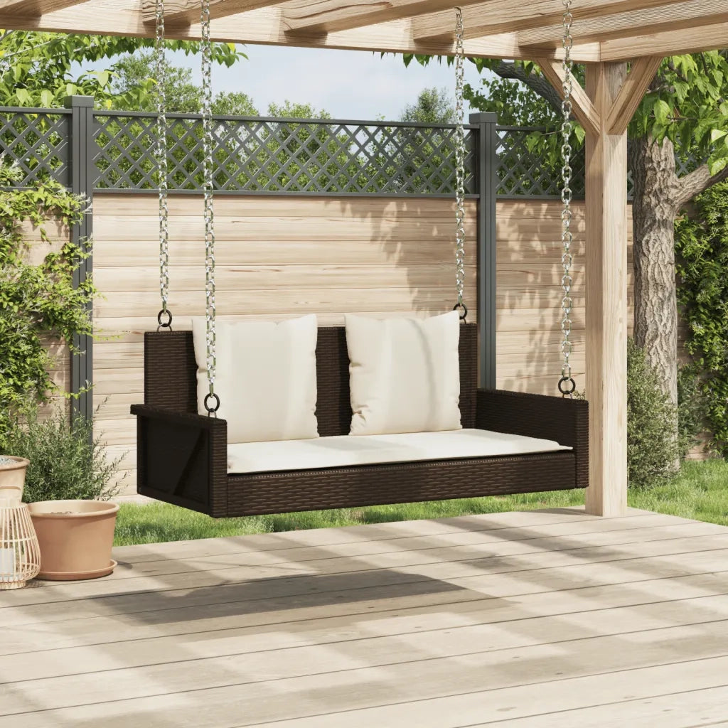 Panca da Giardino | Panchina a Dondolo con Cuscini Marrone 119x56x48 cm Polyrattan