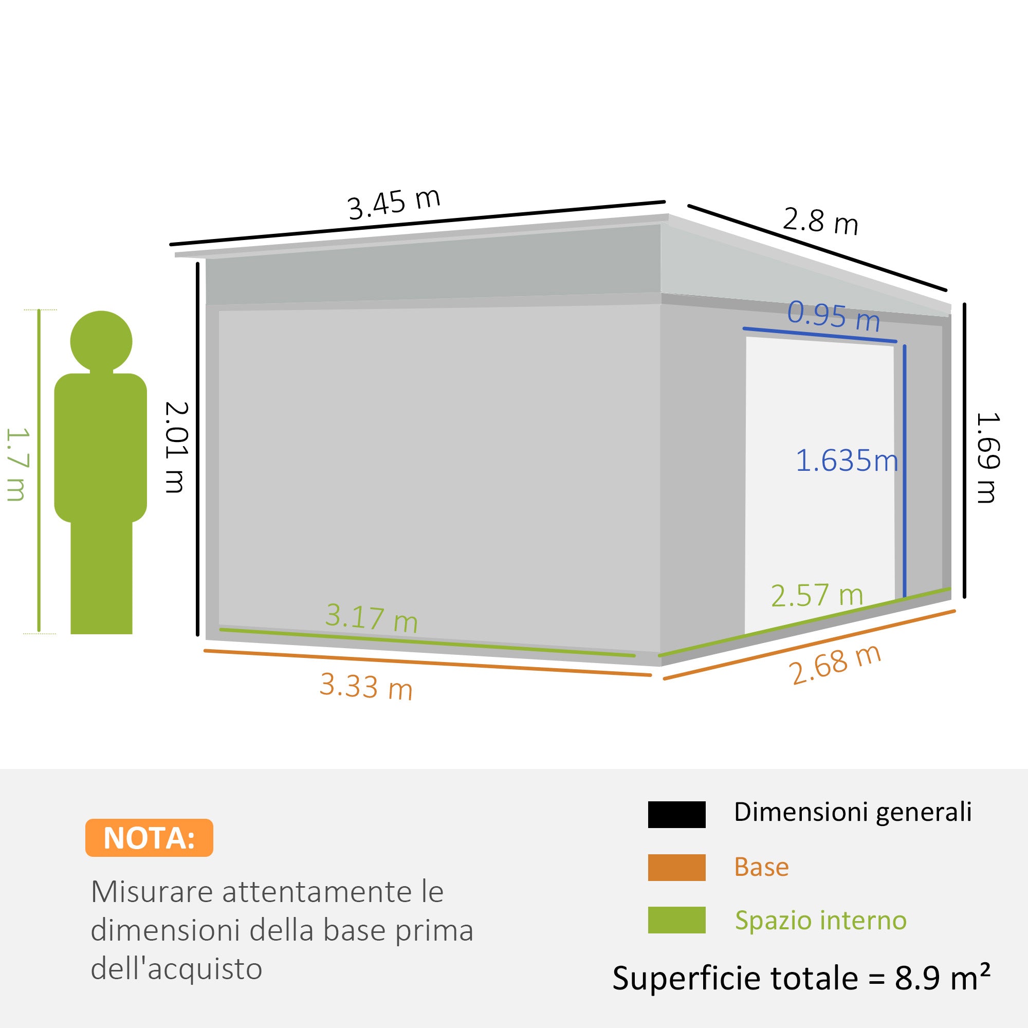 Casetta Box da Giardino Porta Attrezzi 345x280,5x169-201 cm con Porta Scorrevole in Acciaio Grigio