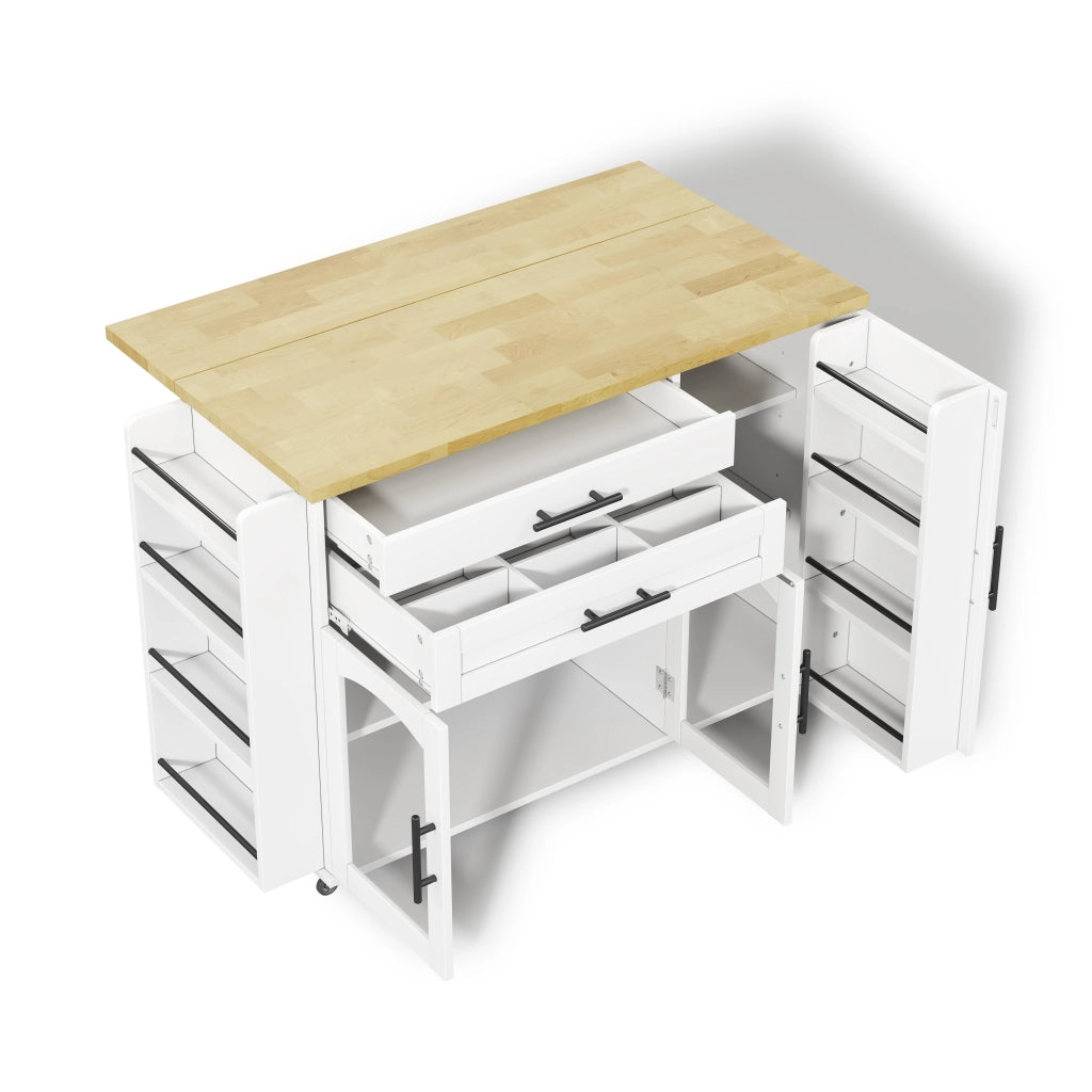 Carrello da Cucina con 2 Ante in Vetro; 2 Cassetti; Piano Ribaltabile e 5 Ruote; in MDF; 120 x 45(70) x 90 cm