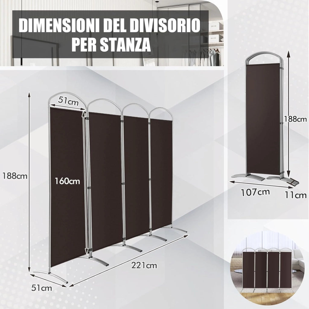 Paravento Pieghevole a 4/6 Pannelli, Separé Divisorio Interno ed Esterno, Pannelli Divisori per Camera da Letto, Ufficio e Soggiorno (221 x 188 cm 4 Pannelli, Marrone)