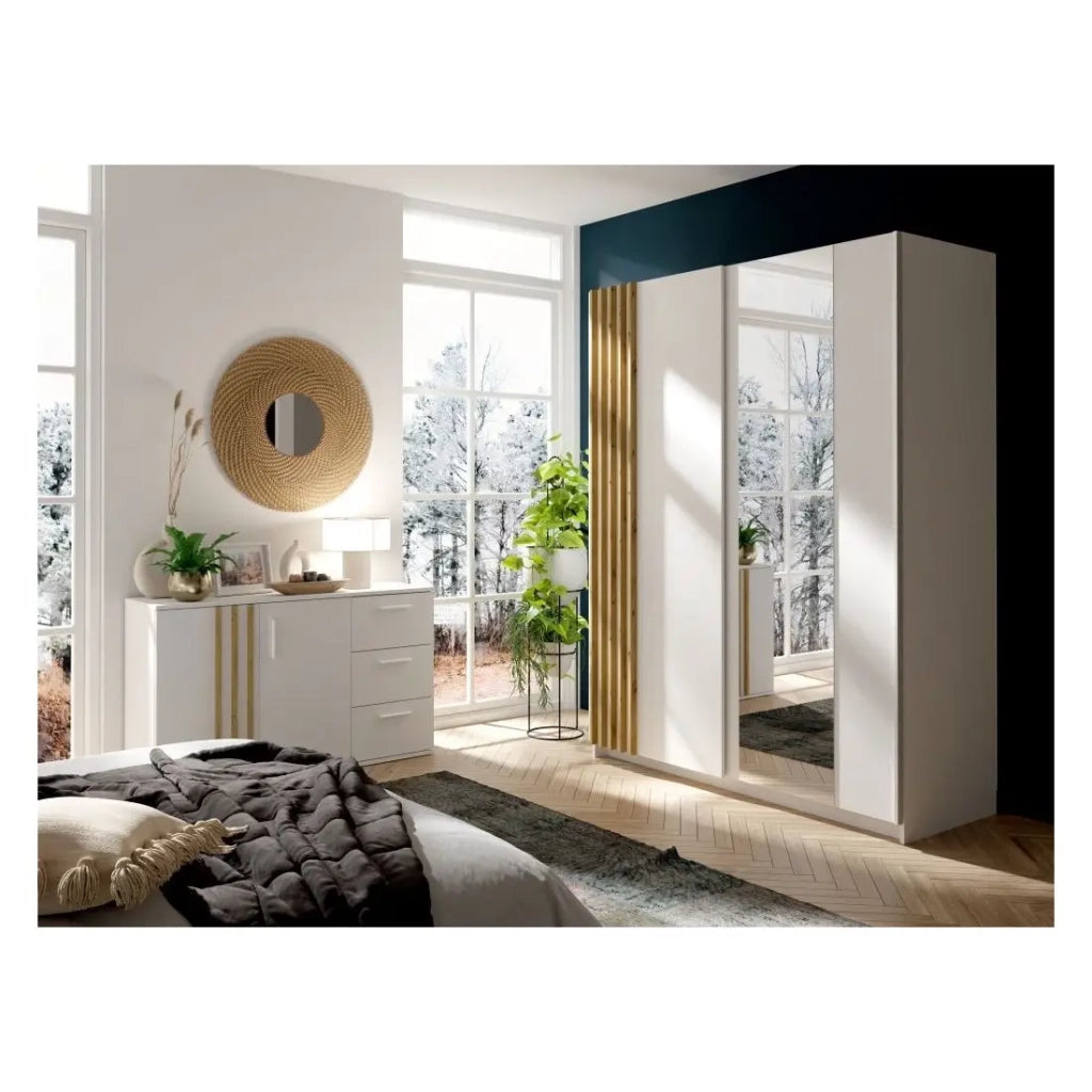 Cassettiera VARIA - 2 porte e 3 cassetti - Design moderno color bianco e quercia artigianale