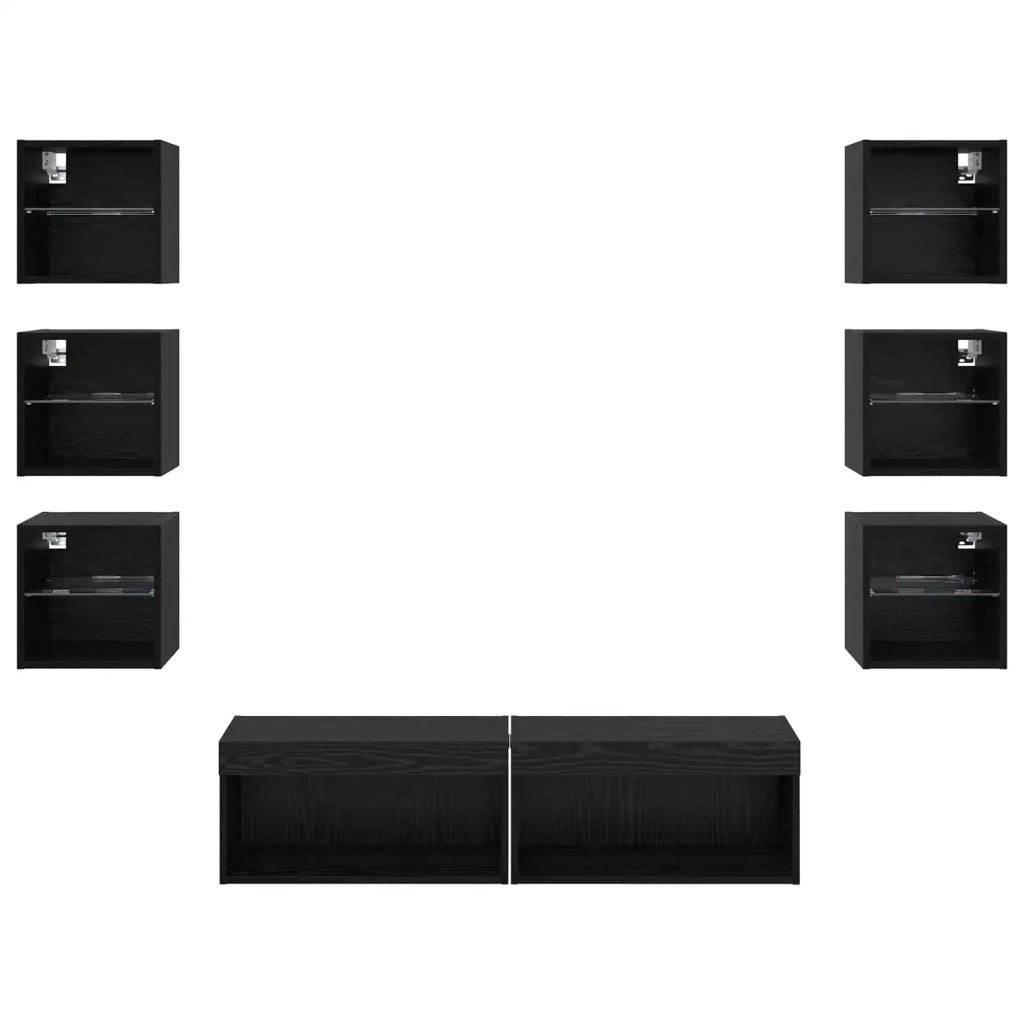 Mobile TV con luci a strisce a LED 8 pz-Credenza TV-Console TV Rovere Nero Vetro