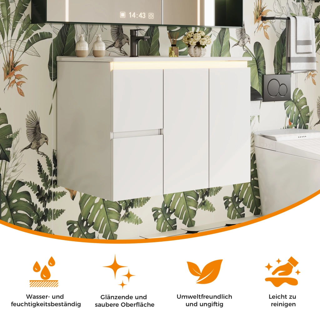Mobile sottolavabo con 2 cassetti e lavabo integrato, LED a sensore radar, per bagno, in MDF e ceramica, bianco, 76 × 47 × 57 cm
