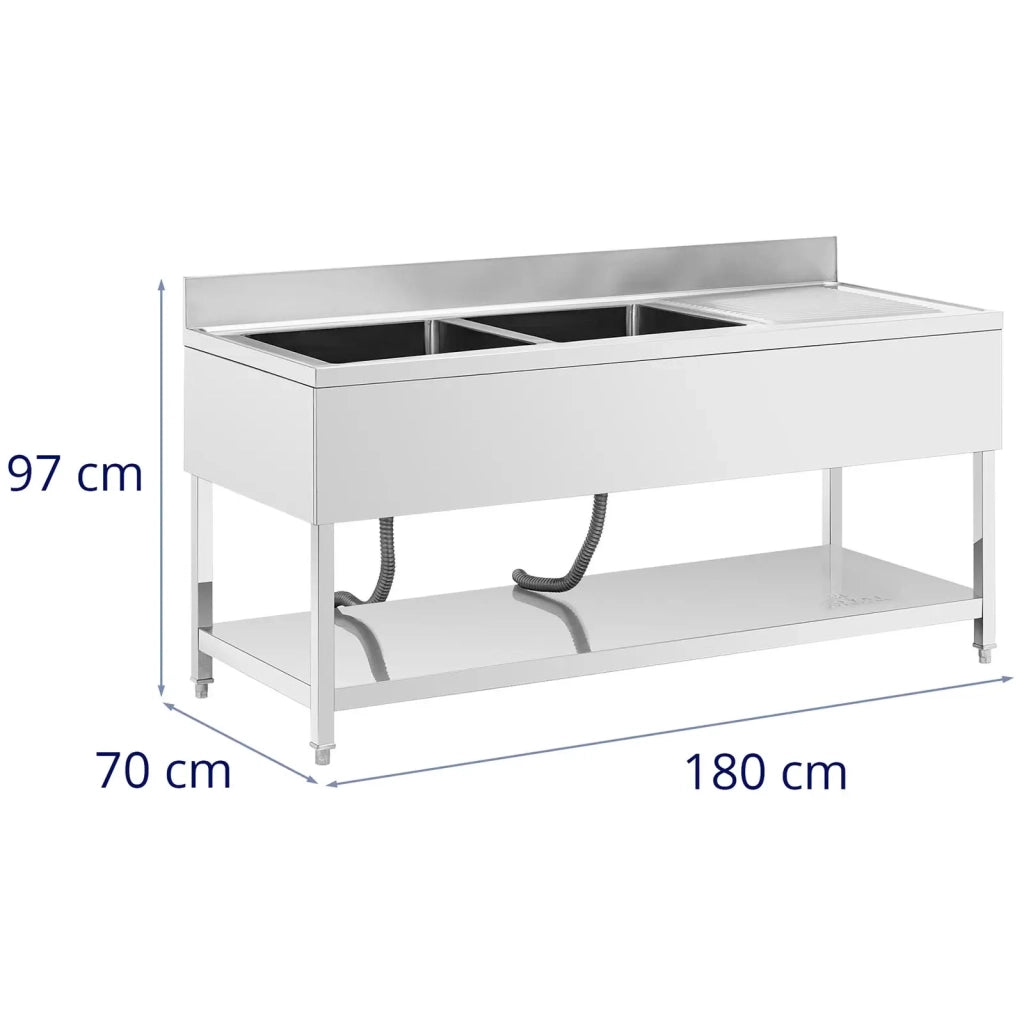 Lavello professionale in acciaio inox con 2 vasche 180 x 70 x 97 cm acciaio inox argento 14_0009568