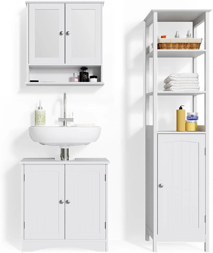Set mobili bagno Bianco, Bianco, 60 cm, composto da mobile sottolavabo, specchiera e colonna alta