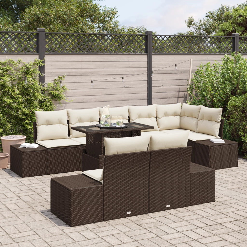 Set da Giardino 9 Pezzi con Cuscini Rattan Polygonale Marrone