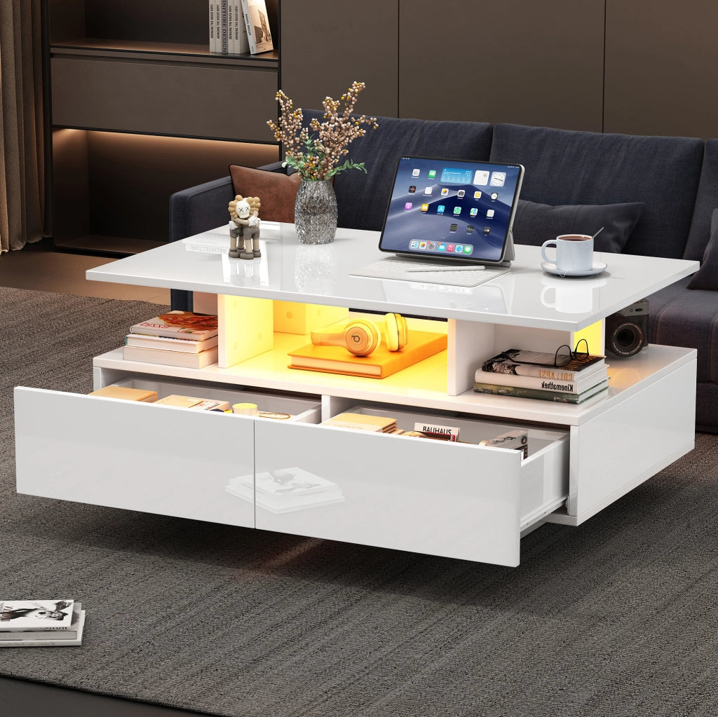 Tavolino da salotto moderno lucido con LED; 2 cassetti; 90x55x41 cm; bianco