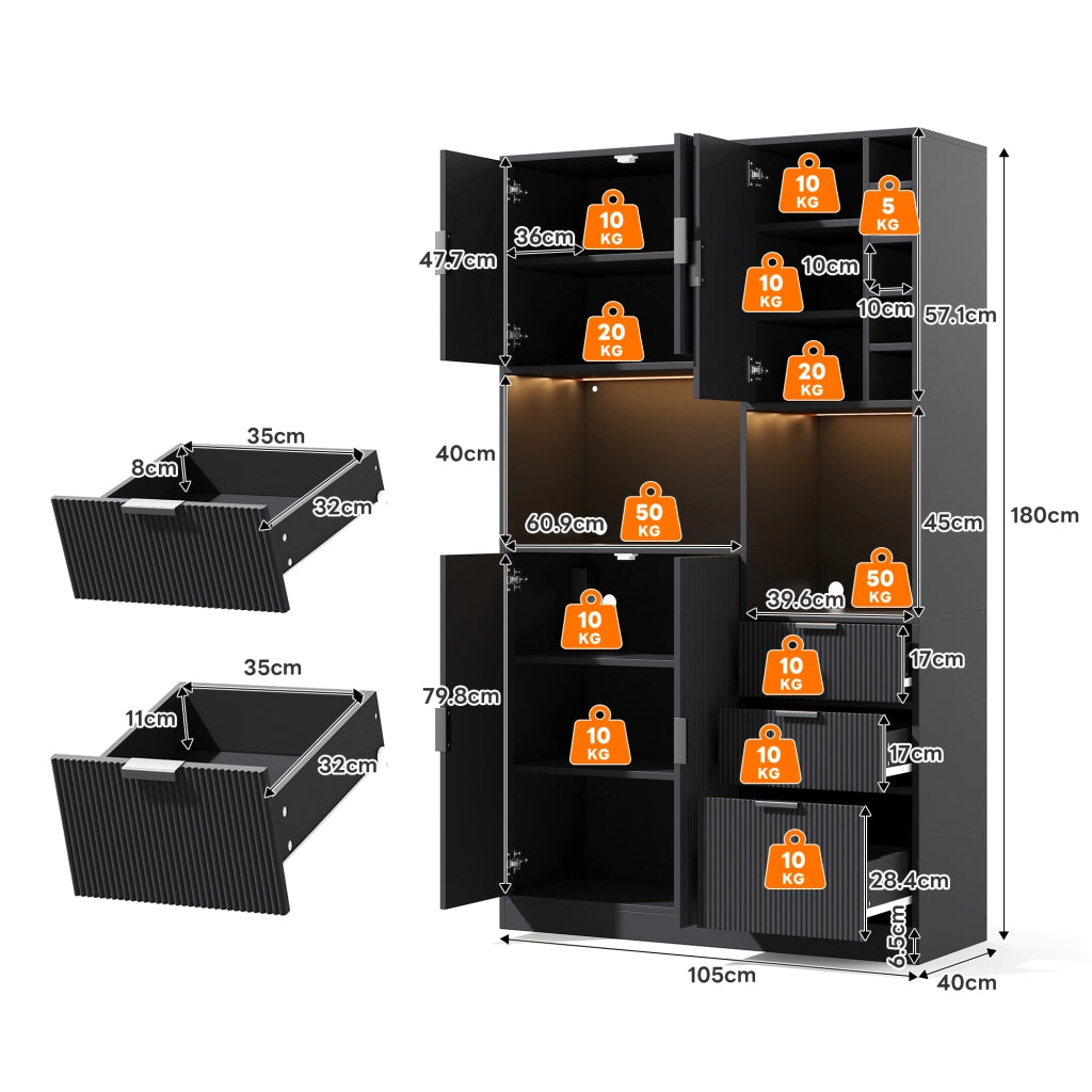 Mobile Cucina Alto con LED, Cassetti e Portabottiglie ¨C MINIMAL ¨C 180x105x40