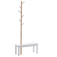 Panca con Appendiabiti da Ingresso, Attaccapanni da Terra in Bambù, Panca da Ingresso Bianca, Design, anche per Camera da Letto, 80x30x180cm, Bianco Legno