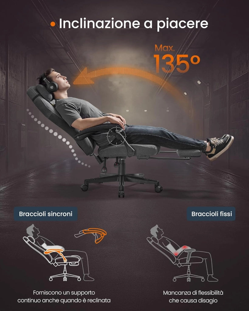 Sedia da Gaming Ergonomica per Computer Con Poggiapiedi e Poggiatesta, Cotone-Lino, Altezza Regolabile, Grigio Tortora OBG072G01