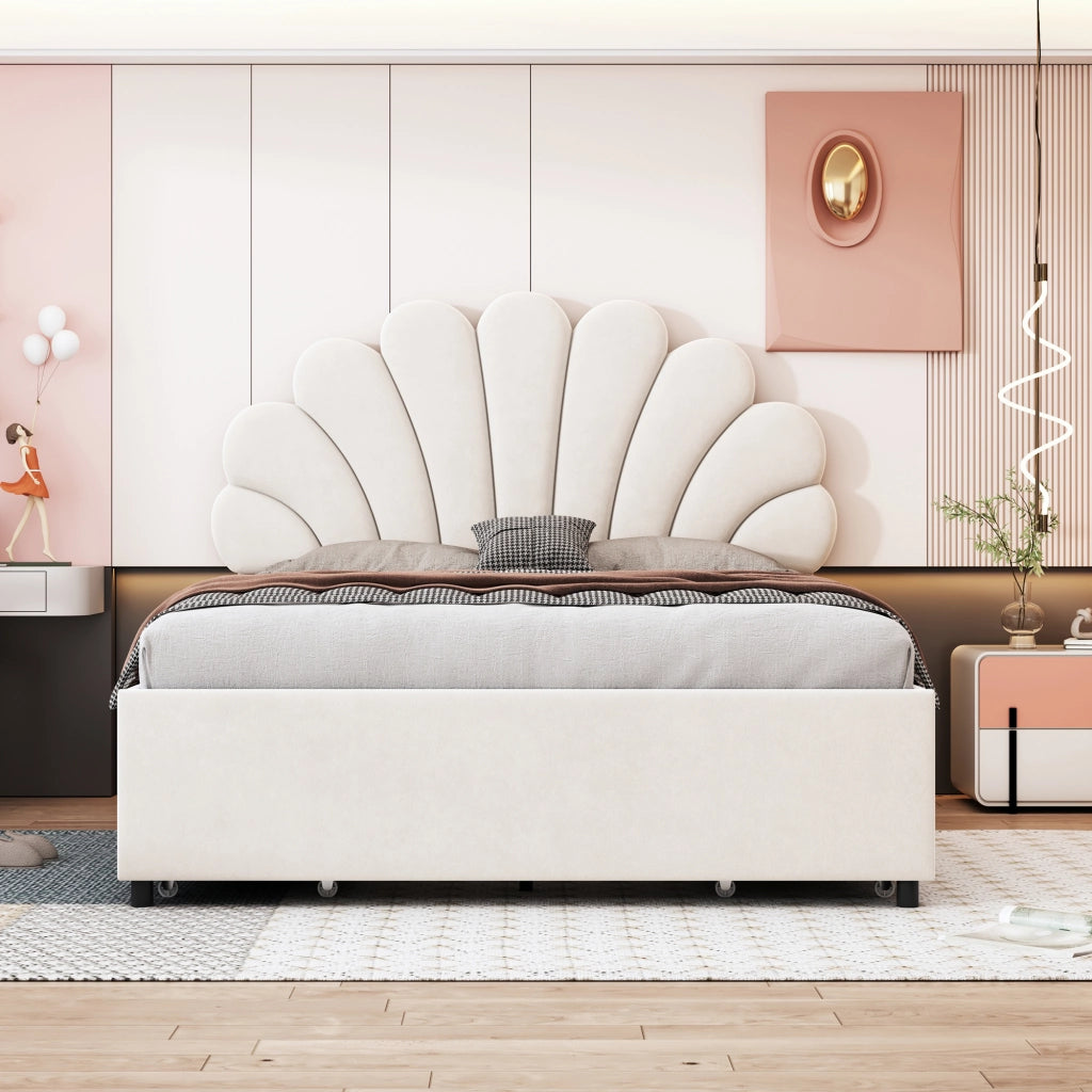 OKWISH Letto con Cassetti 140×200 cm, Letto Matrimoniale con 4 Cassetti, Testiera a Fiore e Vani Portaoggetti, senza Materasso, Velluto Beige