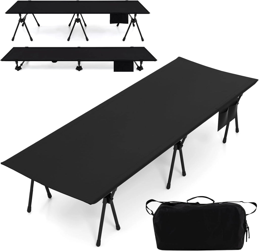 2-in-1 Brandina da Campeggio, Letto Pieghevole e Portatile con Estensori per Gambe, Tasca Laterale e Borsa da Trasporto, Lettino Regolabile in Altezza per Viaggio e Spiaggia, Portata 15 kg