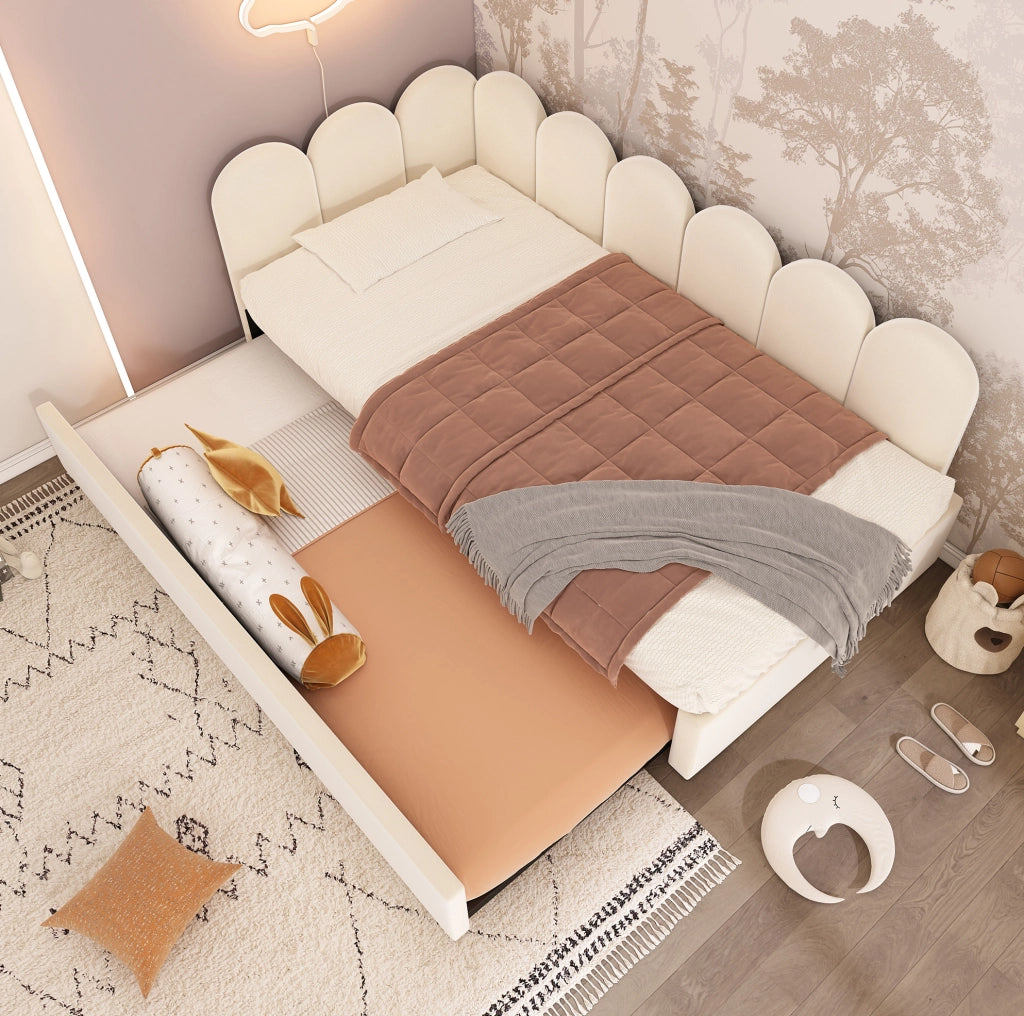 Letto daybed imbottito con letto estraibile 90x200 cm, velluto, colore beige