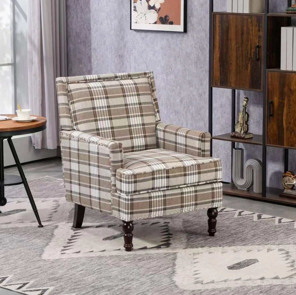POLTRONA Imbottita 74x66x43,5 cm in Tessuto Cotone Lino Marrone e Bianco