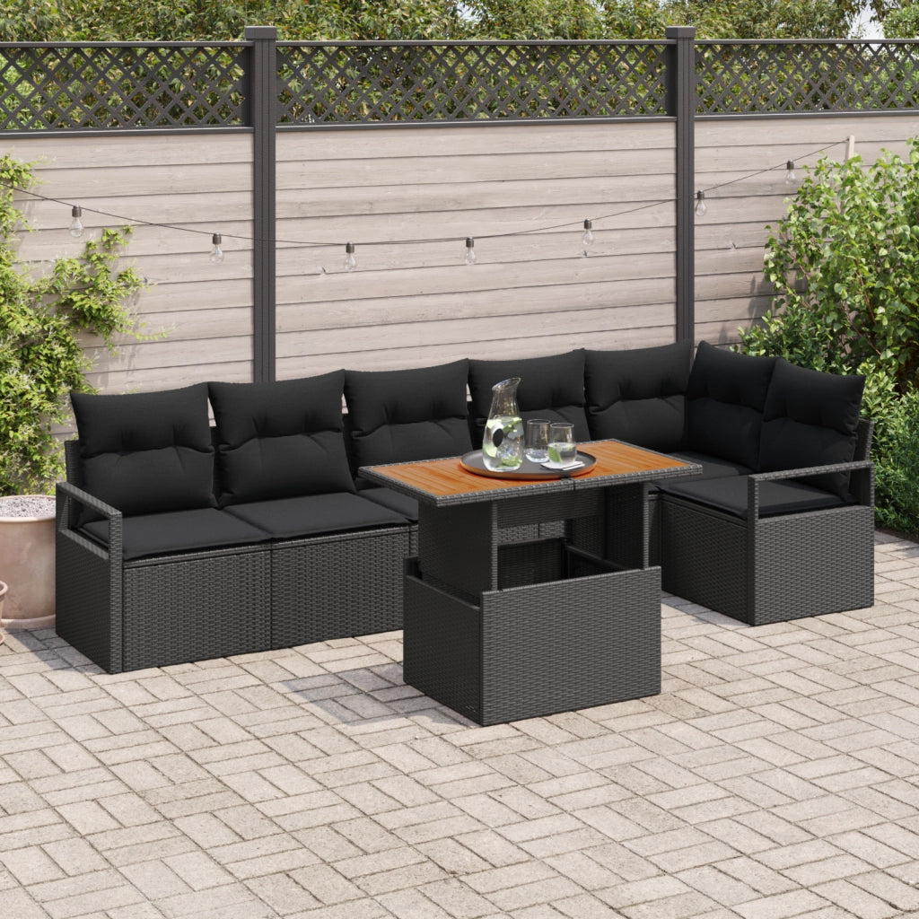 Set divani giardino  da 7 pezzi con cuscini in rattan poliestere nero