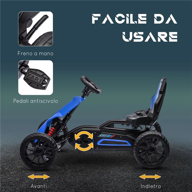 GO KART A PEDALI PER BAMBINI 3-8 ANNI CON SEDILE REGOLABILE E RUOTE IN EVA, 100X58X58.5 CM, BLU