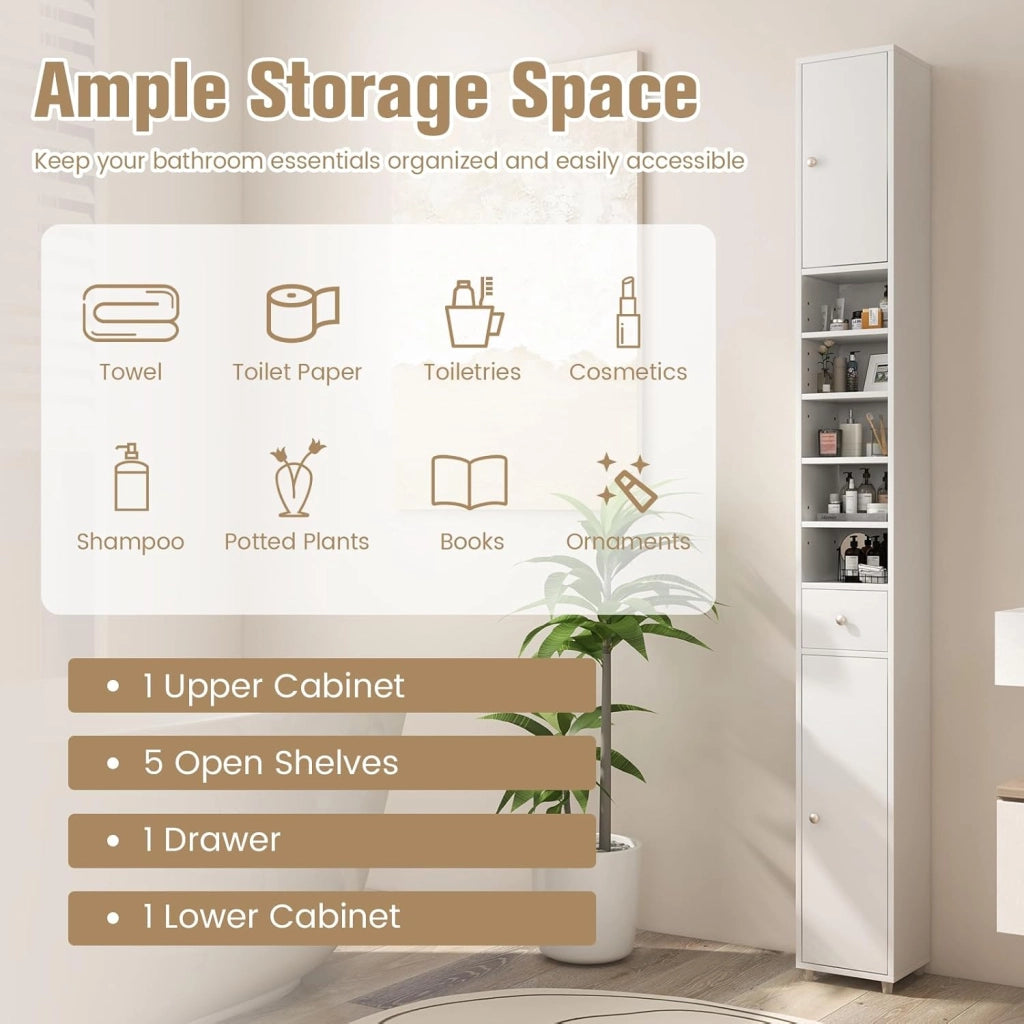 Armadio da Bagno Sottile e Alto con Ante, Mobiletto Bagno Salvaspazio Cassetto e Ripiani Regolabili, Design Moderno, 20 x 20 x 180 cm, 4 Colori