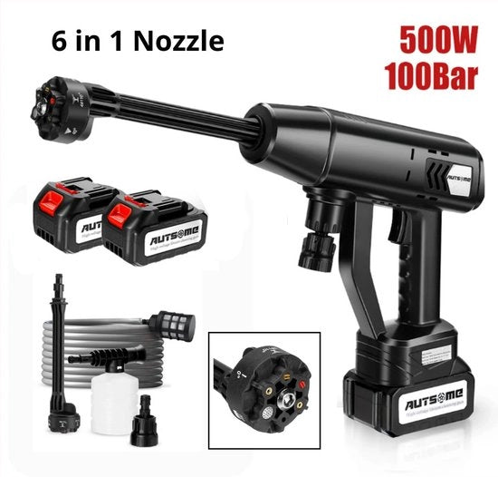 Hogedrukreiniger Senza Fili - 6 in 1 Bocchetta - Inclusa 2 Batterie - 100 Bar Pressione - 500w - Con Tutti gli Accessori Corrispondenti - Nero