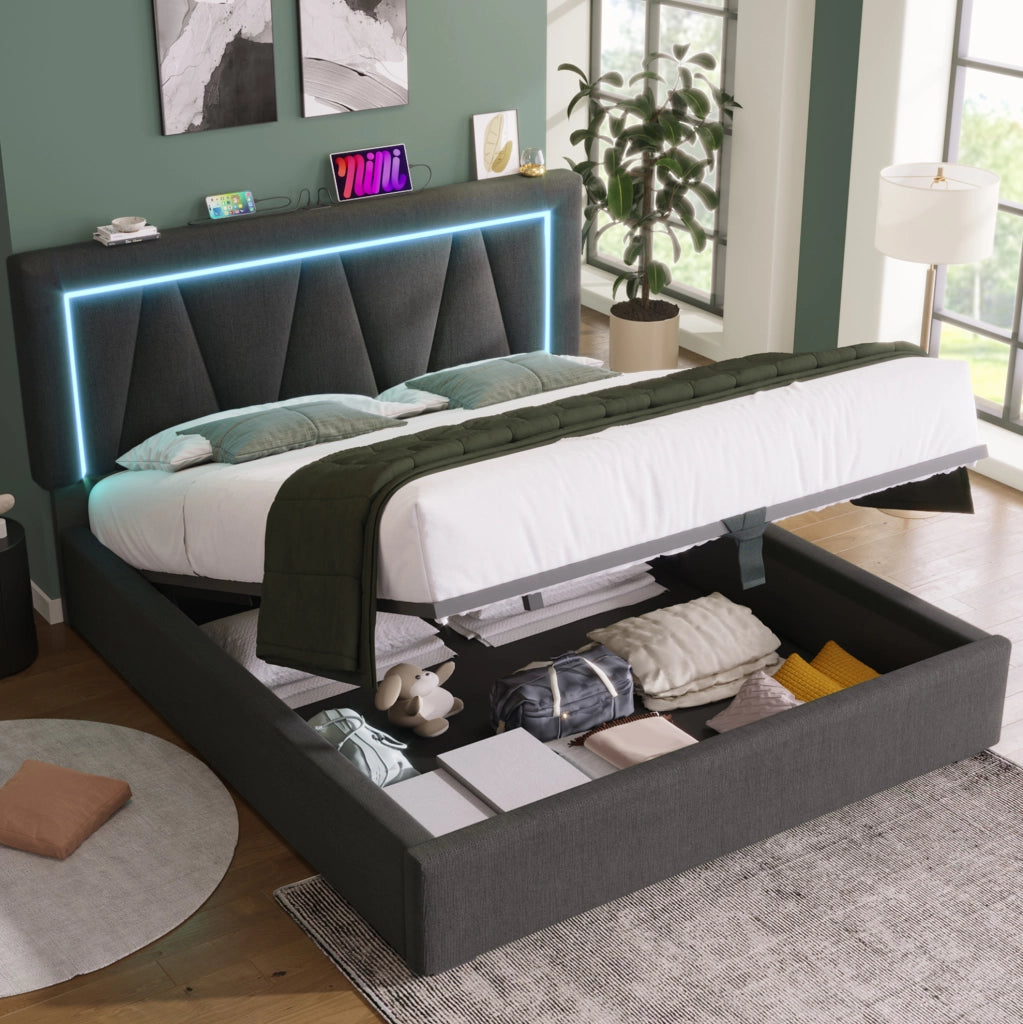 Letto matrimoniale 160x200 cm con contenitore; LED; USB e Type-C; in lino grigio