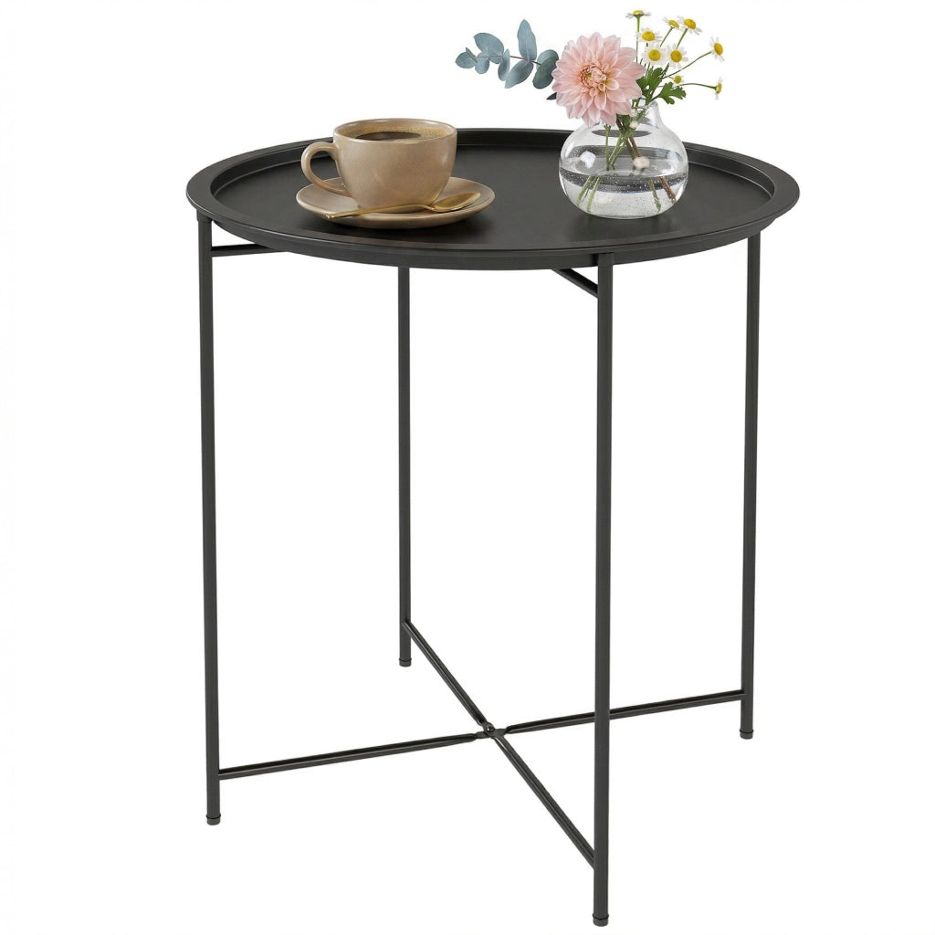 Tavolino da Giardino Pieghevole con Vassoio ¨C Zephmum ¨C Nero Acciaio ?46x50 cm