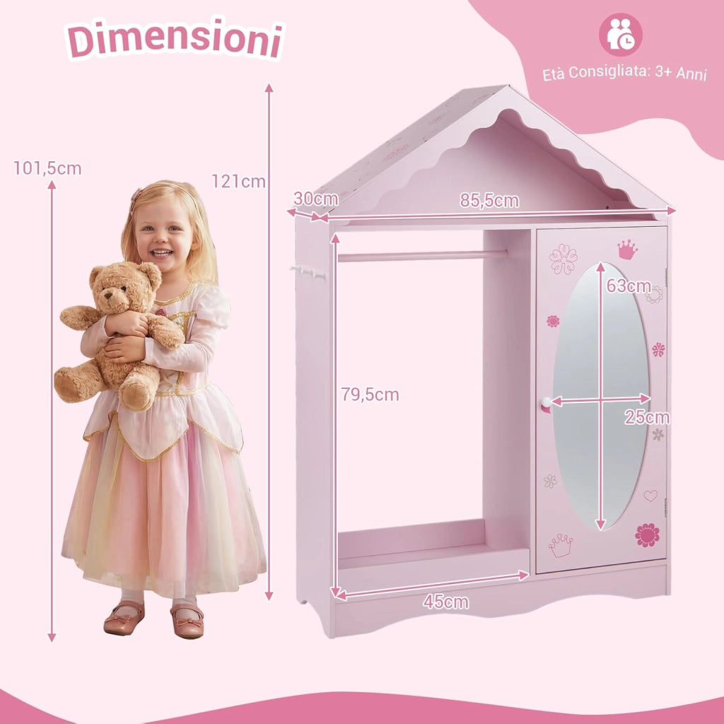 Armadio con Specchio per Bambini, Guardaroba Coperto con Appendiabiti Aperto, Scaffali e Ganci, Armadio e Organizzatore di Costumi per Camera da Letto e Stanza dei Giochi (Rosa)
