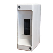 Centralino da parete con binario DIN stampato su base, 2 moduli, 130x45x86 mm, grigio RAL 7035, IP40, ideale per installazioni elettriche interne