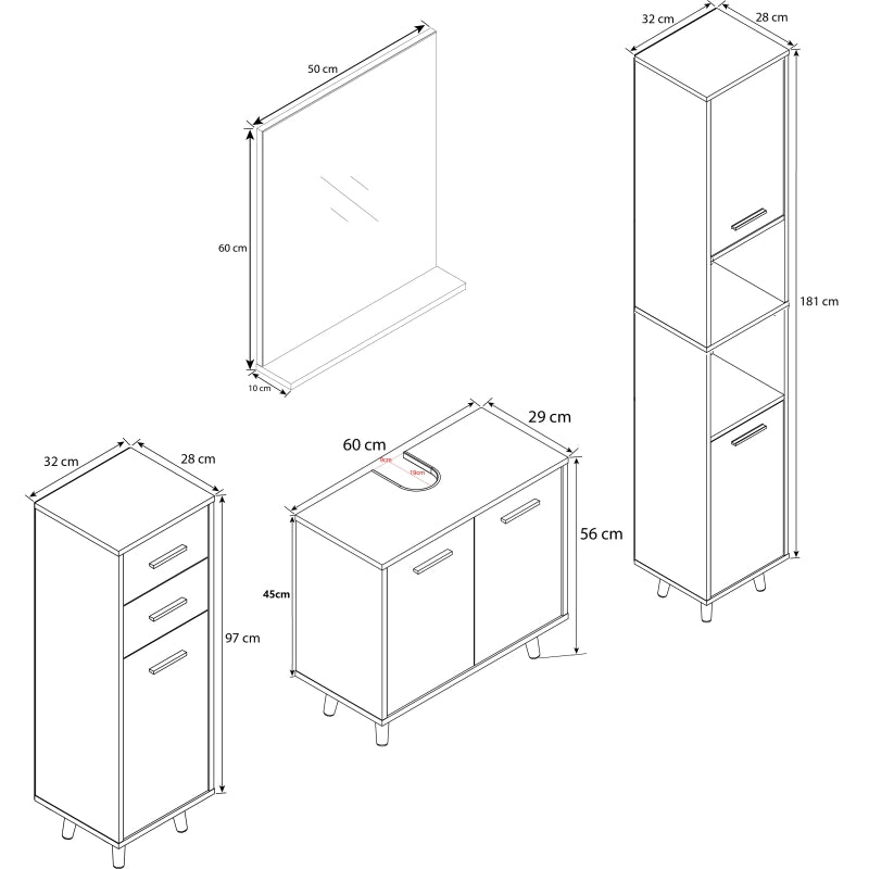 Essenza di Ezooza  Set Bagno Completo 4 Pezzi Mobile Lavabo + Colonna + Pensile e specchio, Bianco/Antracite ,