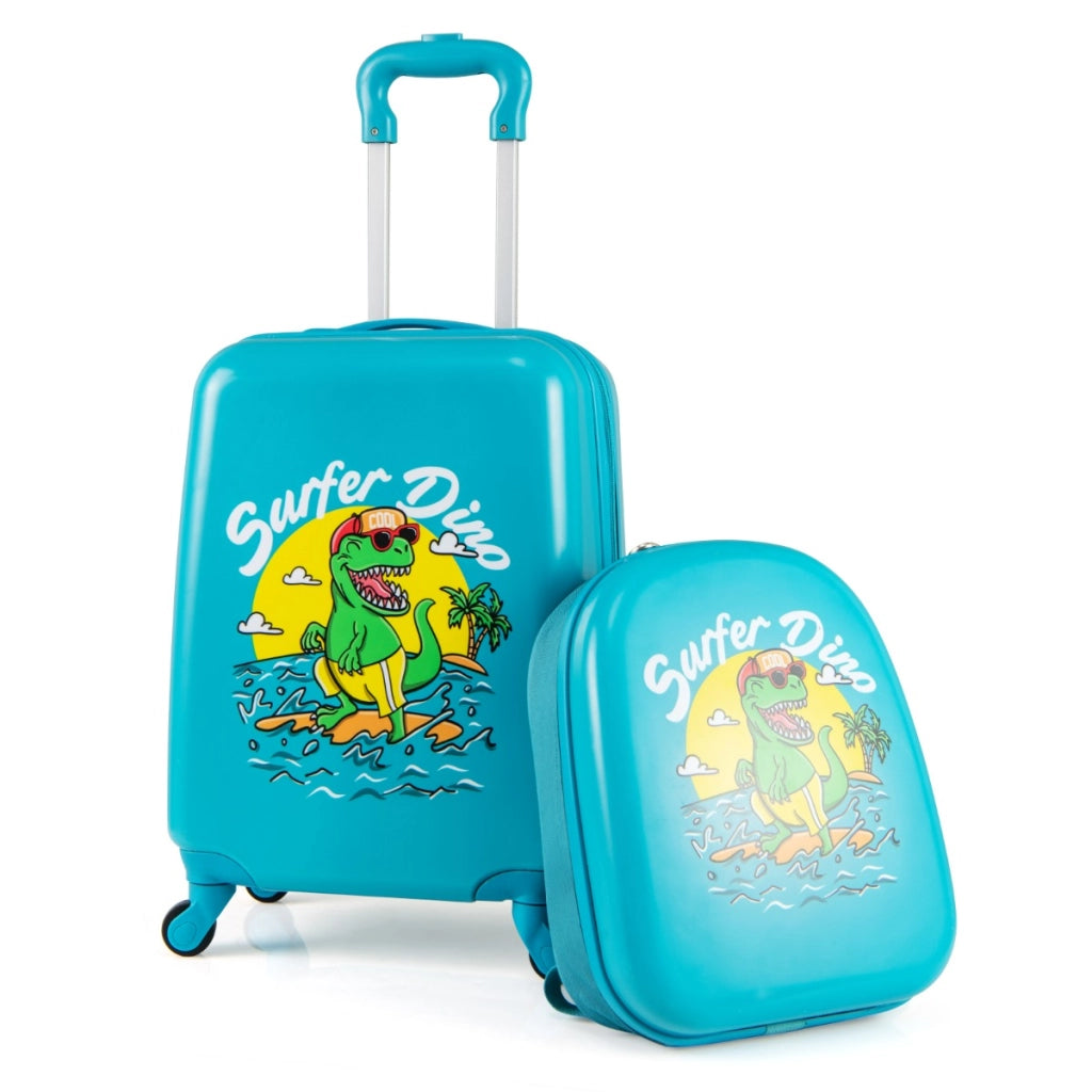 Set di 2 valigie per bambini con ruote con zaino con spallacci regolabili, Bagaglio da viaggio con motivi carini Blu-Bagagli e borse