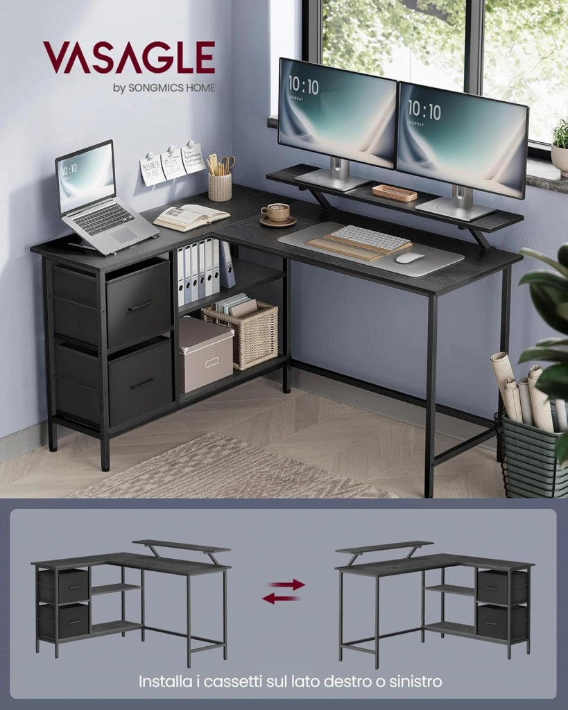 VASAGLE Scrivania per Computer a L, Scrivania ad Angolo con 2 Cassetti Spaziosi e Supporto per Monitor, Ripiano Regolabile, per Ufficio Studio, Nero Ebano LWD098B56