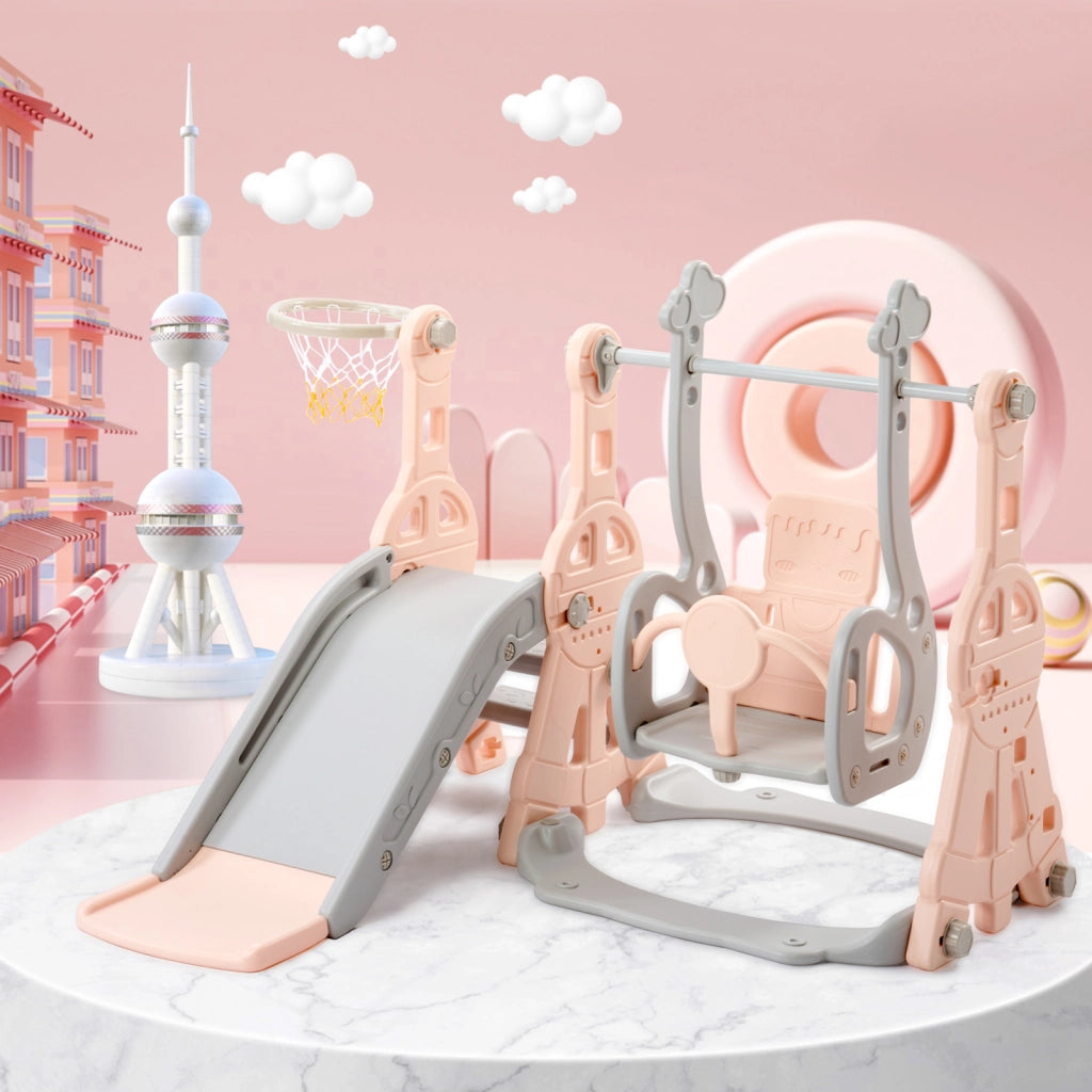 4 in 1 Parco Giochi Bambini 140x118x102cm Scivolo per Bambini, Parco Giochi Bambini Interno, con Altalena, Scivolo, Canestro Basket, Scala, Rosa