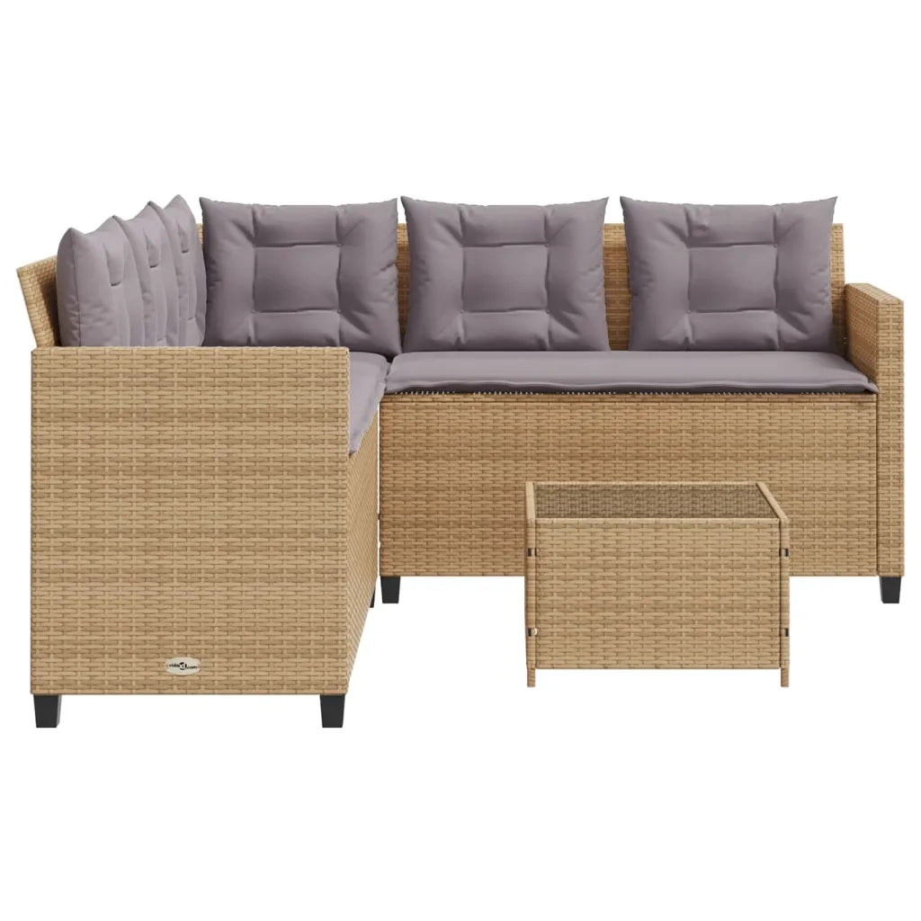 Divano da Giardino con Tavolo e Cuscini a L Beige in Polyrattan 369042