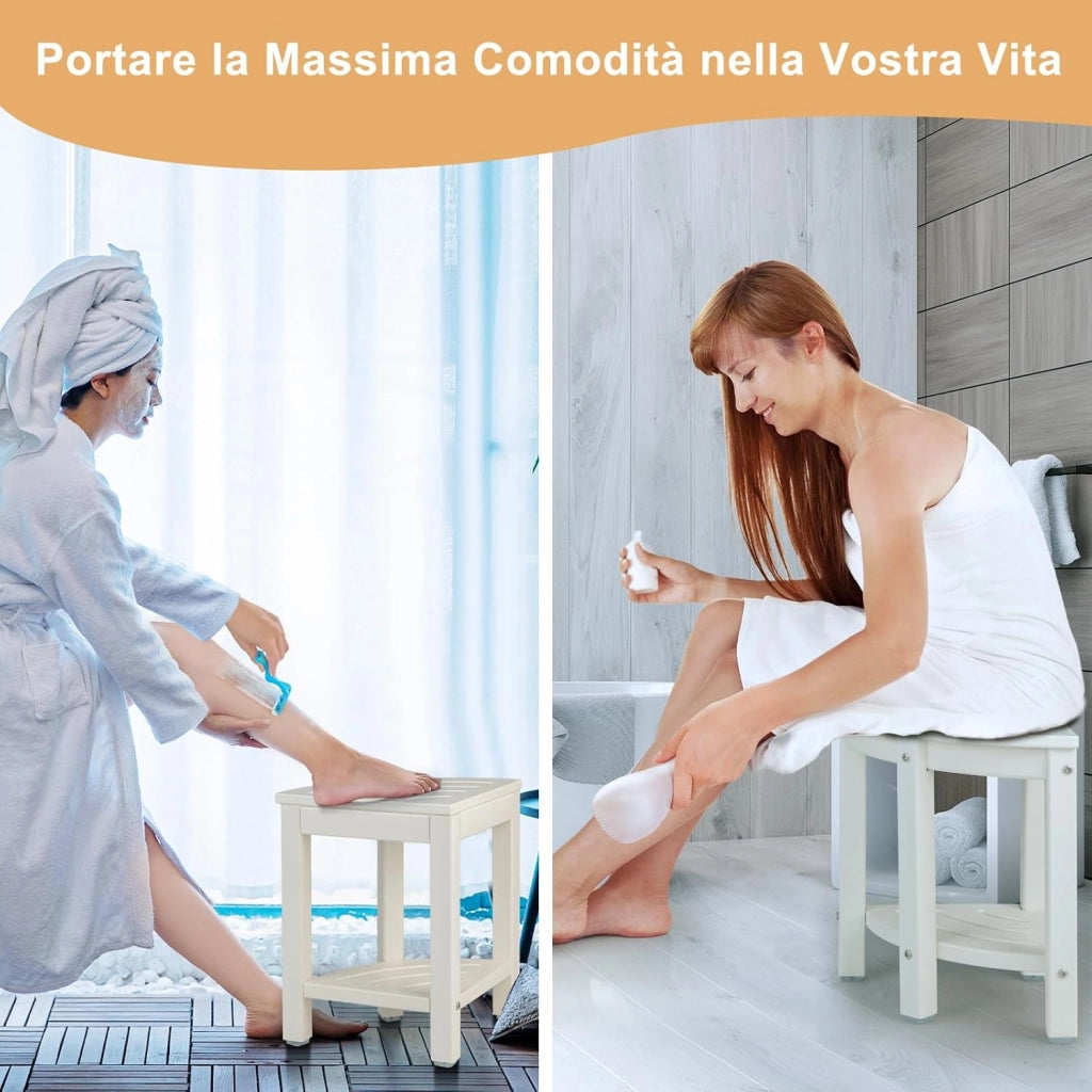 Sgabello Doccia, Sedia da Bagno Angolare in Polietilene con Ripiano, Sedile Multiuso a 2 Livelli per Uso Interno o Esterno, 32,5x32,5x43,5 cm, Capacità di Peso 150 kg (Bianco)