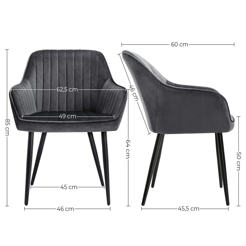 Sedia da pranzo poltrona seduta imbottita con braccioli larghezza seduta 49 cm gambe in metallo rivestimento in velluto portata 110 kg per soggiorno o camera da letto grigio 12_0004910