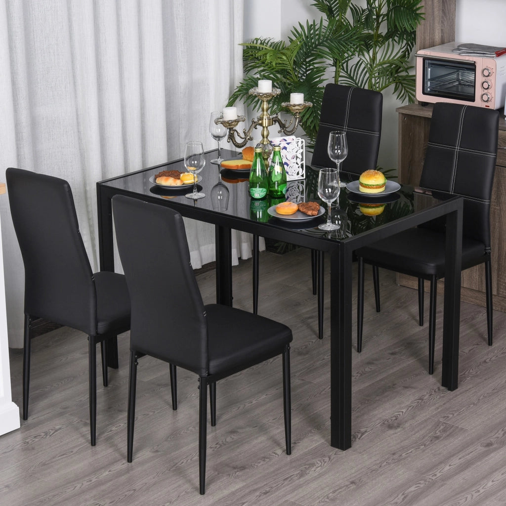 EasyComfort Set 5 Pezzi con 1 Tavolo e 4 Sedie per Cucina o Sala da Pranzo in Finta Pelle, Metallo e Vetro Temperato, Nero