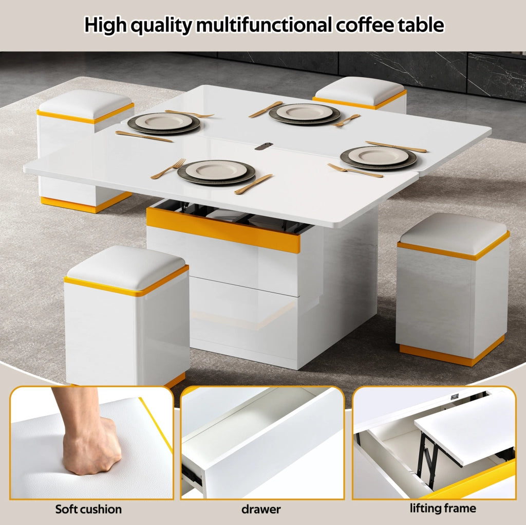 Tavolino da caffè trasformabile con 4 sgabelli contenitore 100x50x43 cm in MDF e truciolare bianco e giallo