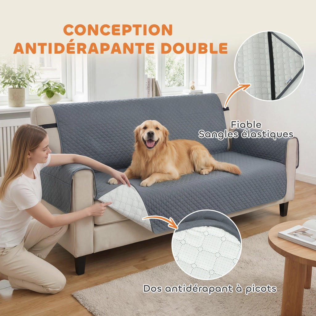 Copridivano 3 Posti Impermeabile Antiscivolo con Tasche ¨C zephmum ¨C Grigio