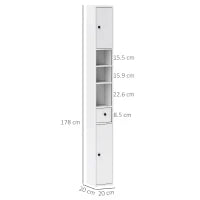Colonna Bagno Salvaspazio con 2 Armadietti, 3 Ripiani Aperti e Cassetto, in Legno, 20x20x178 cm, Bianco