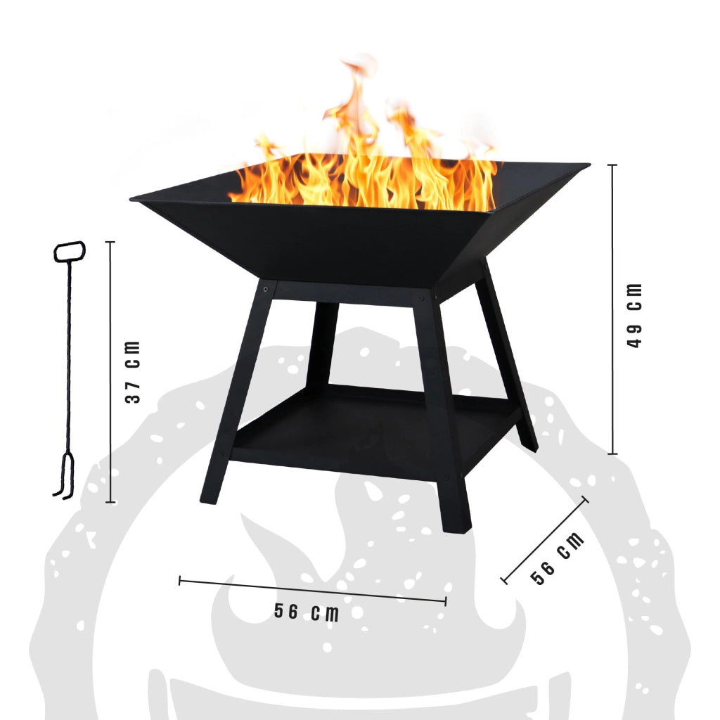 Braciere da Esterno a Legna in Ferro Verniciato a Polvere con Struttura Rialzata e Ripiano Inferiore, Fire Pit Quadrato da Giardino, Resistente alla Ruggine 56x56 cm