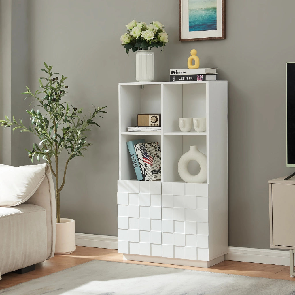 Armadio Comò Alto Bopibobro a 2 Ante Credenza con 4 Ripiani Aperti e 4 Vani Chiusi 118 x 64 x 30 cm - Bianco [en.casa]