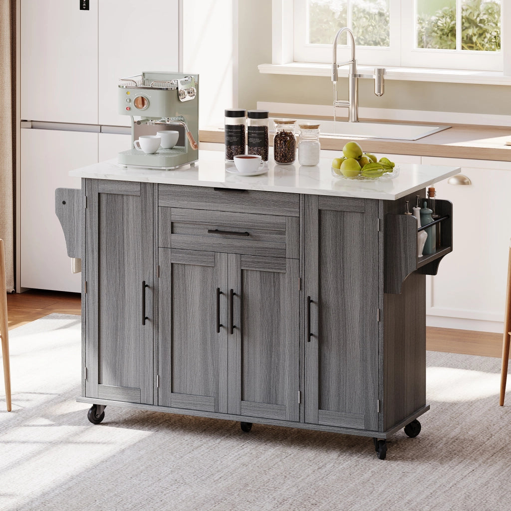 Isola da cucina mobile 120x45 cm con piano estraibile, cassetti nascosti, ripiani regolabili e 2 colli