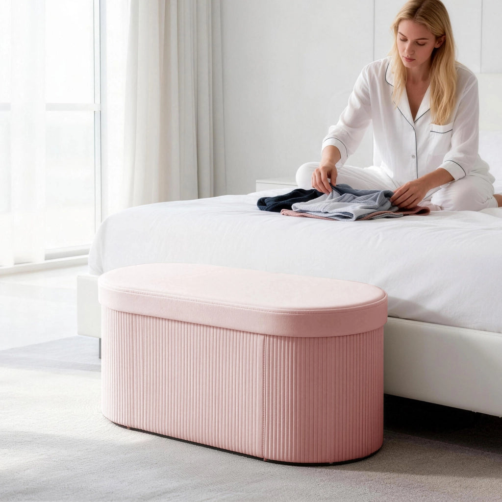 Pouf Contenitore Pieghevole 76x38x35 cm con Vano da 72L e Rivestimento in Velluto Rosa