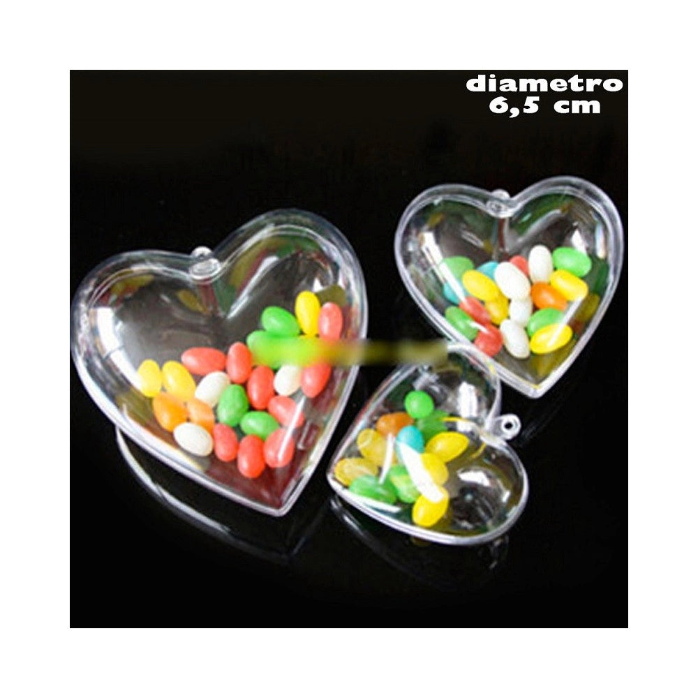 Trade Shop - Set 3 Cuori Trasparenti Apribili Da Riempire Decorazione Natale 6,5 Cm -