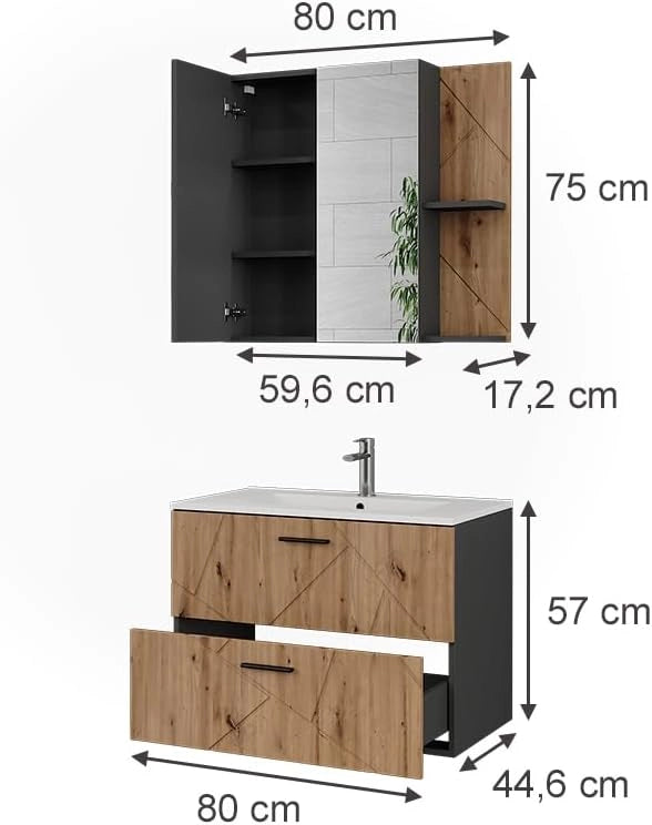 Set di mobili da bagno Irma, Antracite/Artisan, 80 cm, composto da mobile sottolavabo con lavabo e specchio per bagno